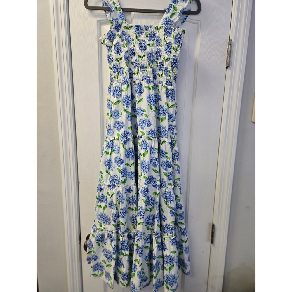 Nanducket Blue Hydrangea Floral Smocked Tiered Cotton Maxi Dress XS Garden Party - Picture 3 of 8